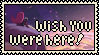 A stamp depicting a scene of madeline at the top of Mt.Celeste from the final level of the game Celeste, with in big text in the middle/bottom saying: 'Wish you were here!'. Madeline's hair waves in the wind, and the stars fade in and out.